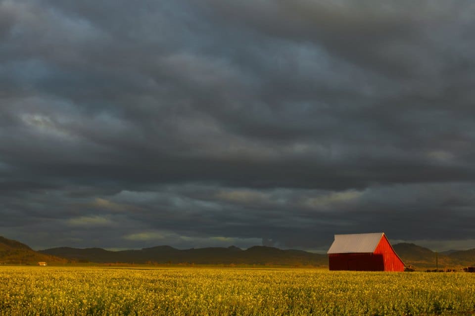 Red barn in an open field under dark storm clouds