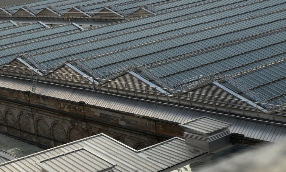 Close view of standing seam metal roof panels